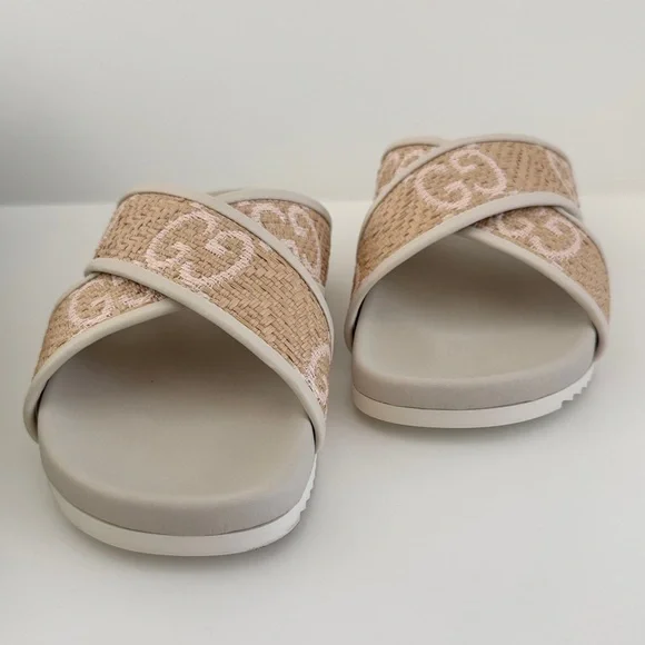 Gucci Rafia Chevron Beige and Pink Logo Women's Sandals Slides - Picture 3 of 9